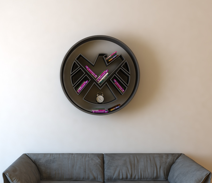 Knjižne police v obliki logotipov superherojev