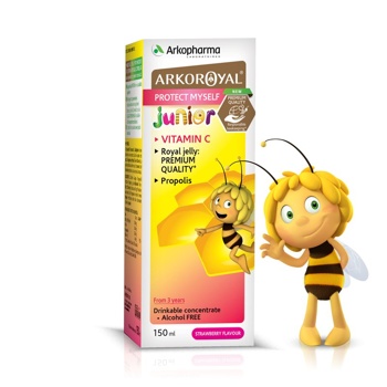Arkoroyal® BIO sirup vsebuje vitamin C, ki ima vlogo pri delovanju imunskega sistema. Formula vsebuje ekološko pridelan matični mleček, propolis, med in vitamin C. Brez umetnih barvil in sladil, z okusom jagode. Za otroke, starejše od 3 let.