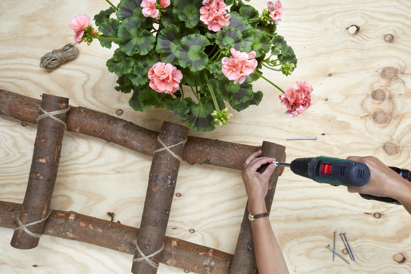 doma narejene lesene lestve z obešenimi steklenicami pelargonij102